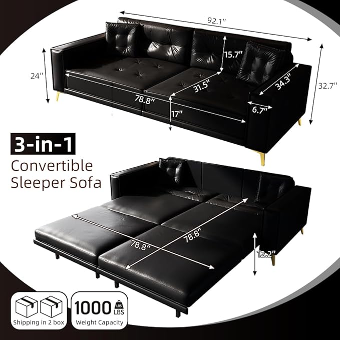 KEIKI 92.1 King Size Pull Out Sofa Bed 3-in-1 Faux Leather Convertible Sleeper Clouch with 2 Pillows 4-Seater Sofa Bed for Living Room Apartment Office Black