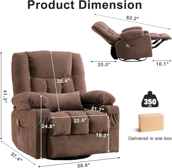 Swivel Rocker Recliner Chair with Vibration Massage and Heating Functions for AdultsOversized Recliner Single Sofa with Side PocketTwo Cup Holders and USB Charge Port for Living Room and Bedroom