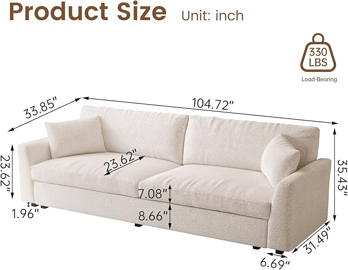 Extra Large Loveseat104.72 Oversized 2 Seater Deep Seat Sofa Cozy Couch Sofa Bed with 2 Pillows &amp Armrests for Living Room &amp Bedroom