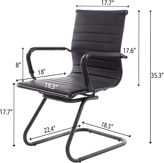 HNY Leather Office Guest Chairs &amp Reception Chairs Set of 8 Modern Waiting Room Chairs with Arms Desk Chair no Wheels with Sled Base for Waiting Room/Conference Room Retro Black