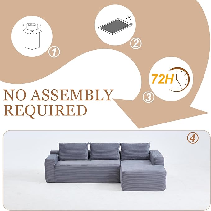 97 Cloud Sectional Couch Modern Boneless Couch with L-Shape Chaise Deep Seat Modular Sectional Sofa Corduroy Corner Foam Couches for Living RoomNo Assembly Required(Gray Right Chaise)