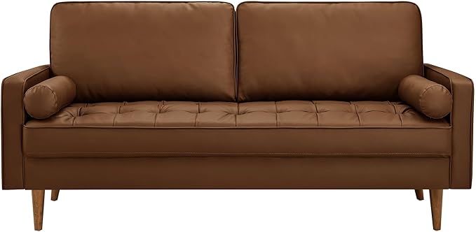 Modway Valour 73 Inch Faux Leather Sofa in Brown – Upholstered Sofa with Tufted Seat - 3-Seater Leather Couch with Cozy Wide Seats - Mid-Century Modern Couch for Living Room