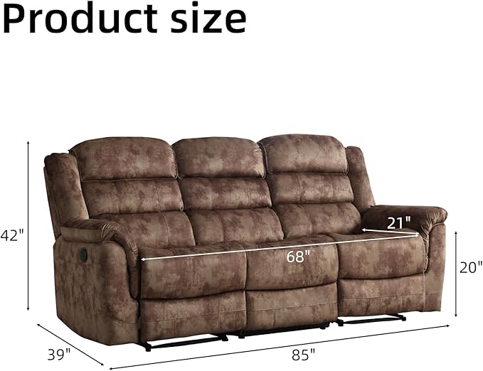 EBELLO Reclining Sofa for Living Room Extra Wide Modern Overstuffed 3 Seat Recliner Manual Sofa Chair Breathable Soft Fabric and Padded Seat Brown