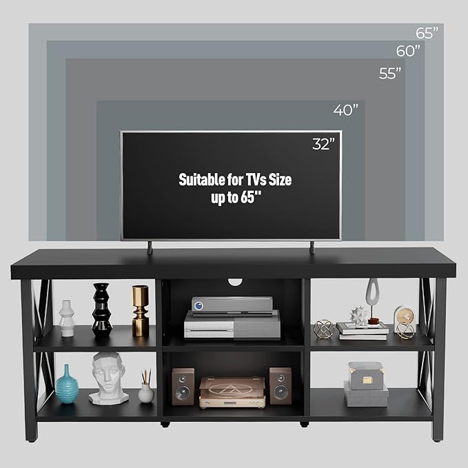 GreenForest TV Stand for TV up to 65 inches Entertainment Center with 6 Storage Cabinet for Living Room 55 inch Farmhouse Television Stands Console Table Industrial TV stands for Living Room Black