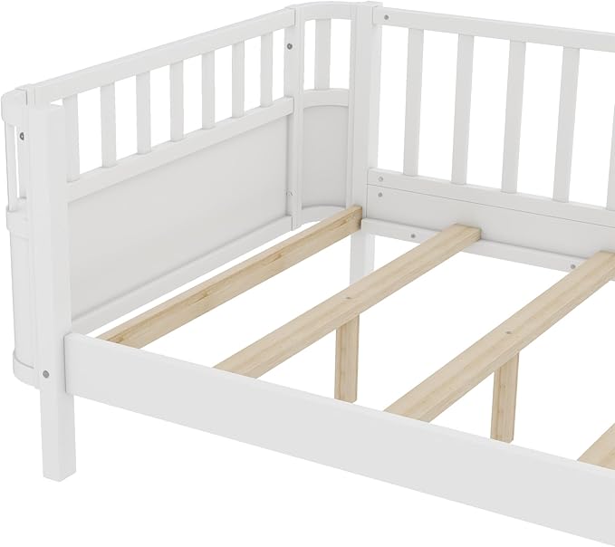 Bellemave Twin XL Montessori Bed with Fence and Slats Twin XL Low Platform Bed Frame with Detachable Side Bed Rails and Rounded Corner Design Easy Assemble Montessori Bed White