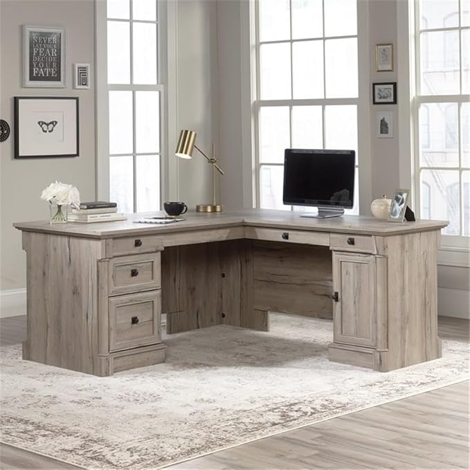 Pemberly Row 65 x 69 Contemporary Engineered Wood L-Shaped Desk with Storage Drawers Flip-Down Panel Grommet Holes for Home Office/Workspace in Split Oak Finish