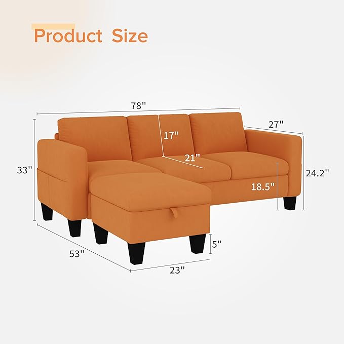 ZeeFu Convertible Sectional Sofa CouchClassic 3 Seat L-Shaped Sofa Set with Movable Ottoman Modern Orange Velvet Upholstered Small Sectional Sofa Couch for Small Space Apartment Living Room Office