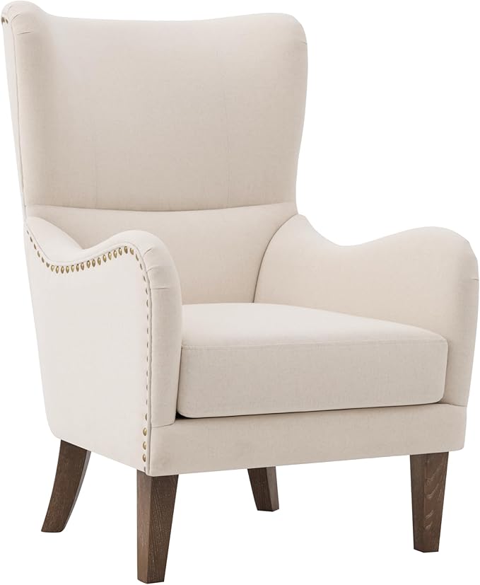 Mid-Century Modern Wingback Club Chairs Set of 2 Fabric Living Room High-Back Accent Chair 2 Piece Classic Armchair for Apartment Office Studio Beige
