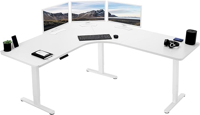 VIVO Electric Height Adjustable 71 x 71 inch Curved Corner Stand Up Desk White Table Top White Frame Memory Controller L-Shaped Workstation E3C Series DESK-KIT-E3CWW