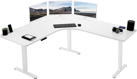 VIVO Electric Height Adjustable 71 x 71 inch Curved Corner Stand Up Desk White Table Top White Frame Memory Controller L-Shaped Workstation E3C Series DESK-KIT-E3CWW