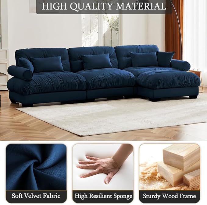 Modular Sectional Couches 130 Oversized L Shaped Sectional Sofa 3 Seater Modular Velvet Deep Seat Cloud Couch with Ottoman Large Fluffy Couch Set for Living Room (Dark Blue 3 Seat + 1 Ottoman)