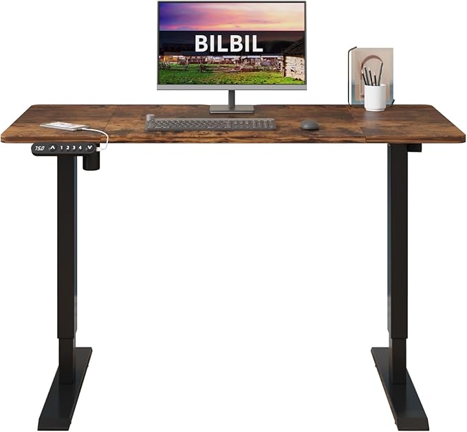 bilbil Height Adjustable Electric Standing Desk 48 x 24 Inches Sit Stand up for Work Office Home Ergonomic Rising Computer Table with Memory Preset with Splice Desktop (Rustic Brown)