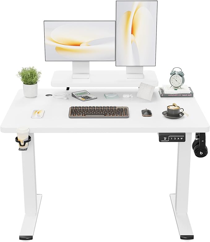 Shahoo Electric Standing Desk with Monitor Shelf 47 x 24 Inches Height Adjustable Corner Table Computer Workstation with Cup Holder and Hook for Home Office White 47x24 Inch