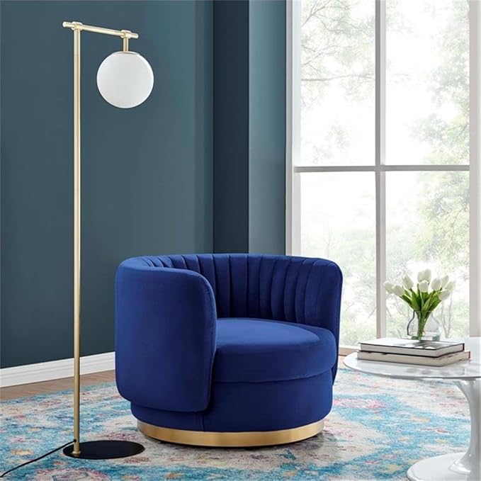 Pemberly Row Tufted Performance Velvet Swivel Chair 25 H x 34 W x 31.5 D Gold Metal Base Navy Velvet Upholstery Dense Foam Padding Modern Glam Accent Chair for Living Room or Home Office