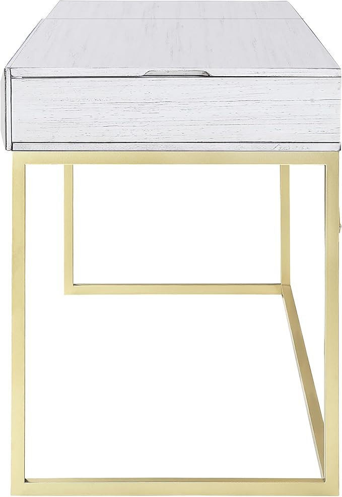 24/7 Shop at Home Bellevue Modern Metal Hidden Storage Writing Desk with Lift-Top for Workstation Home Office Study Room Antique White and Gold