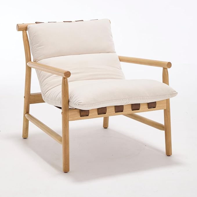Modern Accent Chair Upholstered Armchair - Solid Wood Lounge Chair with Removable Cushion Low Back Reading Chair for Living Room/Bedroom/Balcony Chenille Sofa Chair (Easy Assembly)Off White