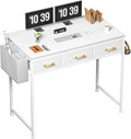 Small White Computer Desk with 3 Fabric Drawers for Home Office Bedroom Vanity Desk with Drawer Storage and Side Pouch Study Writing Table for Small Spaces White