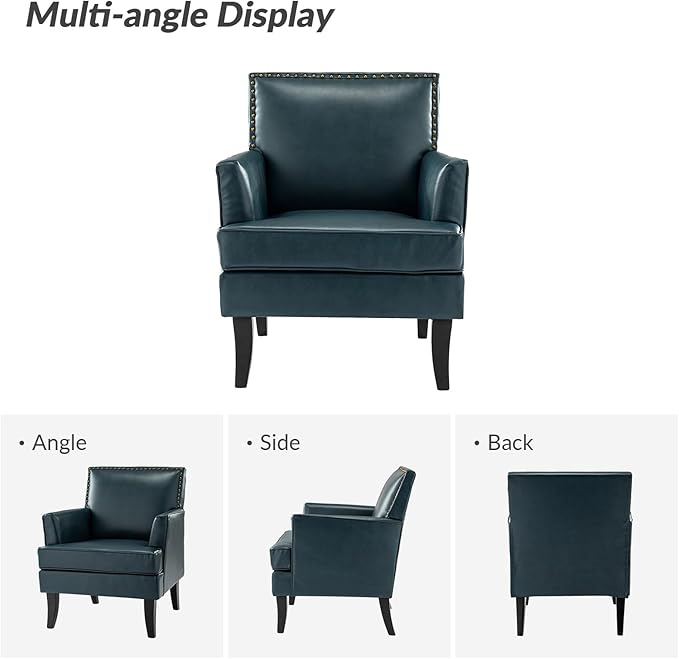 HULALA HOME Modern Faux Leather Accent Chair Comfy Upholstered Sofa Chair with Nailhead Trim Living Room Bedroom Armchair with Wood Legs Turquoise