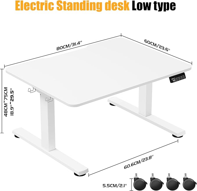 ERGOMAKER Low Height Adjustable Desk with Lockable Wheels Lifts 18.9-29.5 31.5 x 23.6 Electric Small Standing Desk with Splice Board for Home Office &amp Short People(White Frame White Desktop