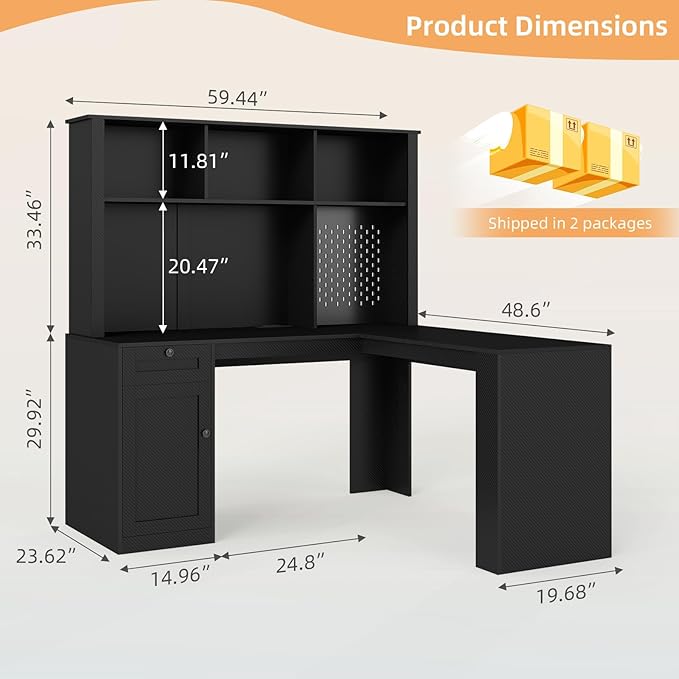 L Shaped Desk with Hutch Drawer Modern Computer Desk with USB Ports &amp Power Outlets Wood Corner Computer Desks with Storage Shelves for Home Office Black