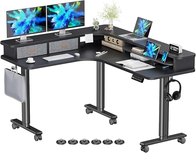 Flycity Electric L Shaped Standing Desk with Drawers 63 x 55 Corner Standing Desk Adjustable Height Stand Up Home Office Desk Dual Motor Sit Stand Desk with 3 Memory Preset &amp Lock Black