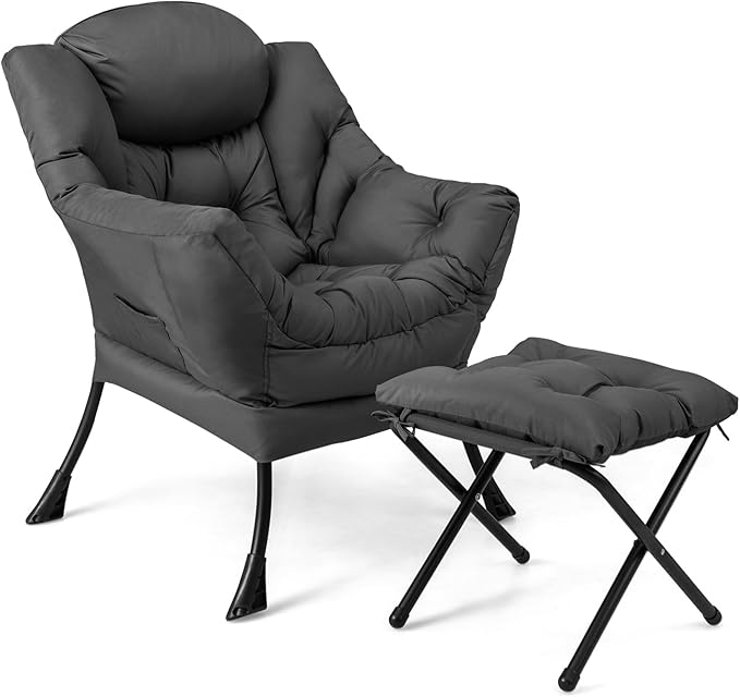 GOFLAME Lazy Chair with Ottoman Modern Large Accent Chair with Folding Footrest Head Pillow Armrests and Side Storage Pocket Upholstered Reading Chair for Living Room Bedroom Office Grey