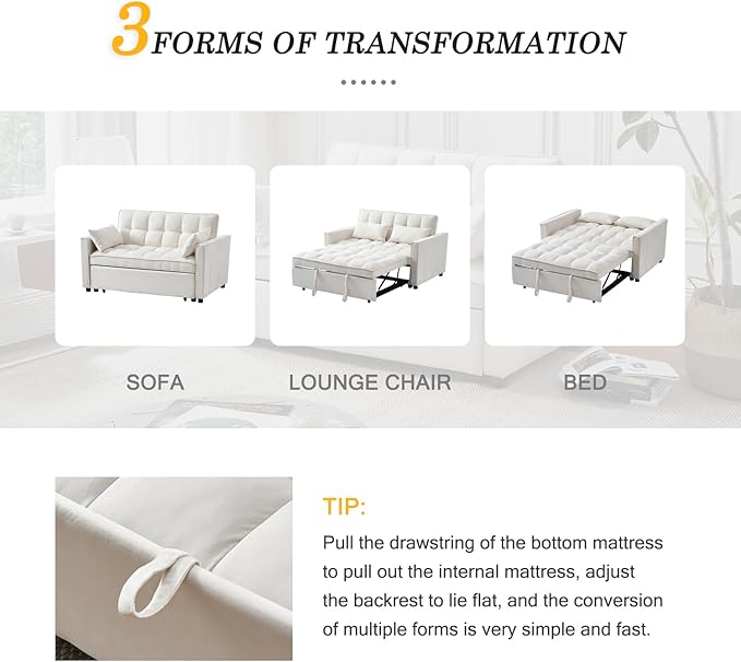 Futon Sofa BedModern 3 in 1 Convertible Sleeper Sofa Pull Out Couch Bed with Adjustable Backrest Storage Pockets and Toss Pillows for Living Room Bedroom (Beige)