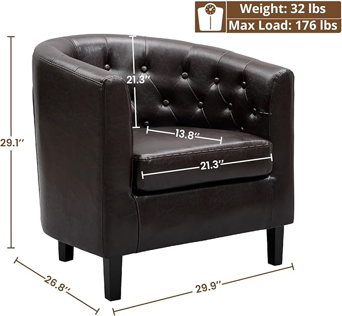 Naomi Home Emma Faux Leather Armchair Modern Tufted Barrel Accent Chair with Wooden Legs Wide Seat &amp Supportive Back for Living Room Bedroom or Office - Espresso