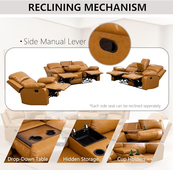 Leather Manual Recliner Sofa Modern 3 Seat Reclining Sofa Recliner Couch with Cup Holders &amp Coffee Table Luxury Couch Furniture for Living Room/Office/RV Car/Home Theater (3 Seater Ginger)