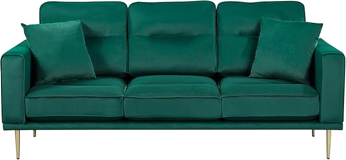 Lexicon Velvet Sofa Couch Modern Couches Metal Seat Base Metal Legs with Gold-Tone Finish 82 inch Sofa with 2 Throw Pillows 3 Seater Couches for Living Room Bedroom Apartment Green