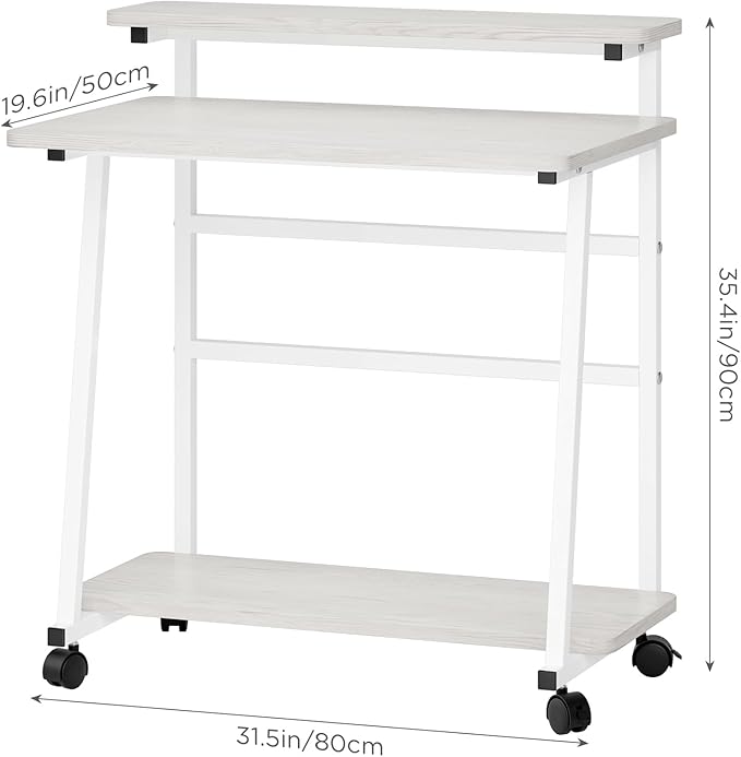 Rolling Computer Desk on Wheels for Small Space 3-Tiers Home Office Desk with Monitor Stand and Storage Shelves Freestanding Mobile Writing Table Laptop Table White