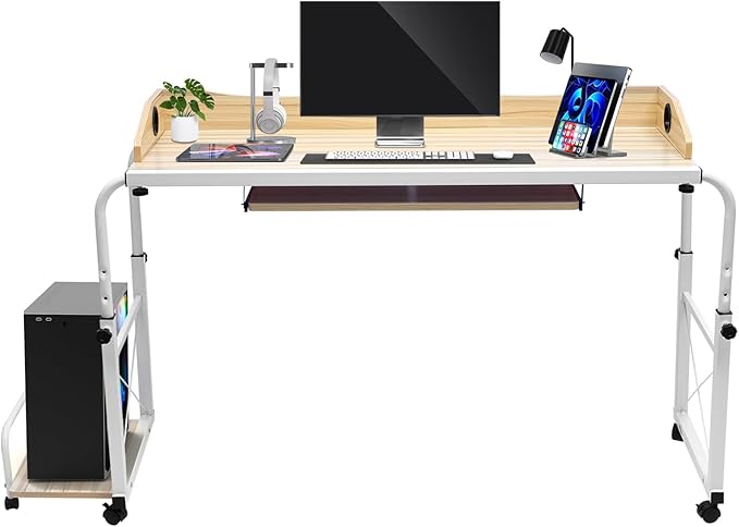 Mobile OverBed Table 120-Inch Extra Wide Adjustable Standing Desk with Lockable Wheels Heavy Duty Workstation Portable Overbed Computer Table for Laptop Office