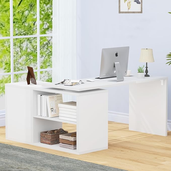 HSH White L Shaped Desk with Shelf Reversible Modern Home Office Desk Workstation L Shape Computer Desk with Storage Cabinet Drawer Industrial Wood Corner Table for Work Study Writing Gaming 55 In