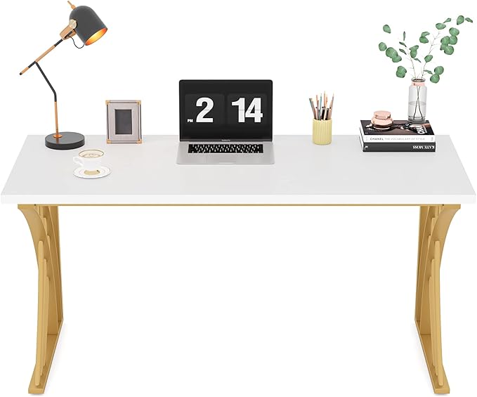 Tribesigns 55’’ Large Modern Computer Desk White &amp Gold Luxury Laptop PC Student Table with Thick Frame &amp Strong Legs Sturdy Writing Workstation for Home &amp Office