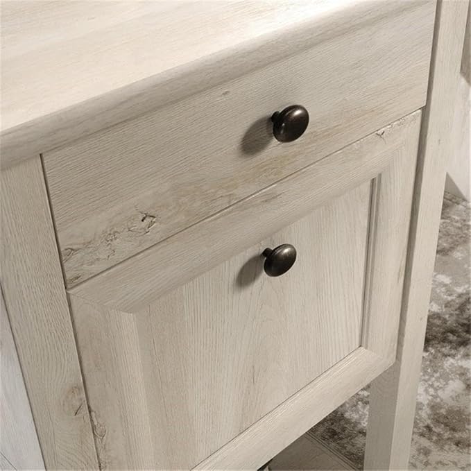 Pemberly Row L-Shaped Engineered Wood Desk Chalked Chestnut Finish 59 in Wide Built-in File Drawer Cord Management Lower Shelf Storage Home Office Executive Desk for Work or Study Use