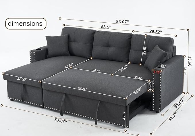 asunflower Small Sleeper Sofa with Pull Out Couch 83 Convertible Sofa Bed with Storage L-Shaped Sectional Sleeper with Cup Holders 3-Seater Couch Bed for Small Spaces Bedroom Offices Dark Grey
