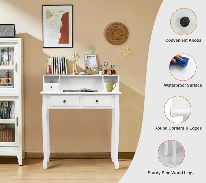 Byroce Small Writing Desk with Removable Hutch 2-Tier Vanity Table with 4 Drawers 3 Cubbies &amp Pine Wood Legs Study Computer Desk for Bedroom Home Office (White)