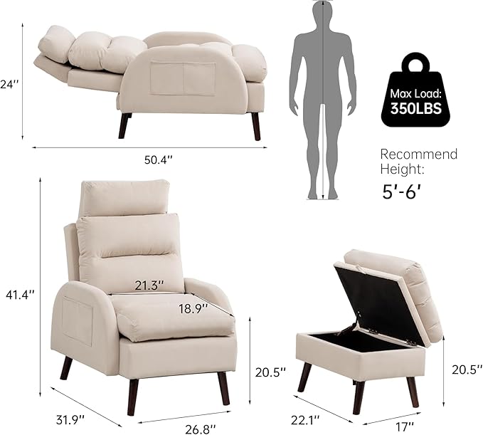 Accent Chair with Ottoman Comfy Reading Chair and Ottoman Set Modern Oversized Lounge Armchair with Adjustable Backrest for Living Room Bedroom Velvet Khaki