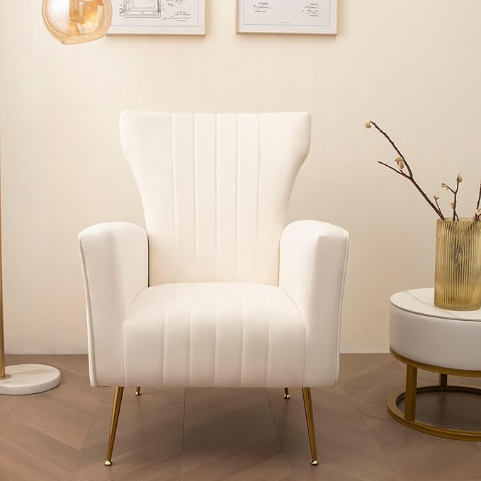 Velvet Accent Chair Wingback Arm Chair with Gold Legs Upholstered Single Sofa for Living Room Bedroom White