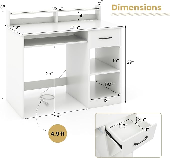 GOFLAME White Computer Desk with Charging Station Type C Port Modern Writing Desk with Drawer Removable &amp Adjustable Shelf Keyboard Tray Home Office Laptop Desk with Hutch for Bedroom Study