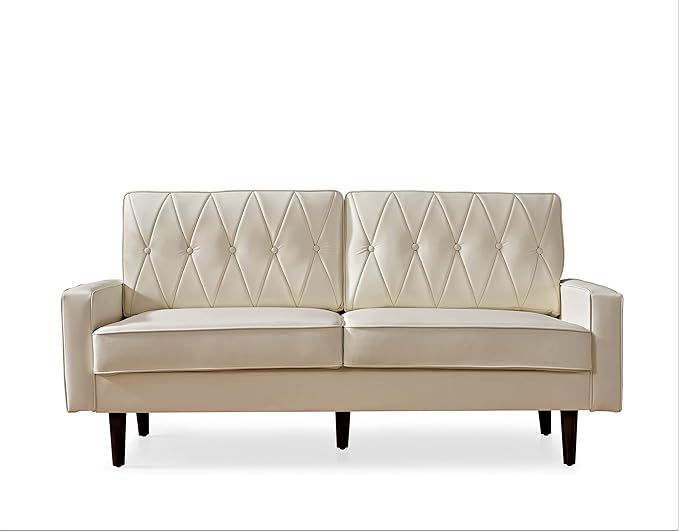 Container Furniture Modern Style Faux Leather Sofa with Elegant Round Tapered Legs and Button Tufted Backrest Perfect for Living Room Bedroom or Home Office 69.3’’ Wide White