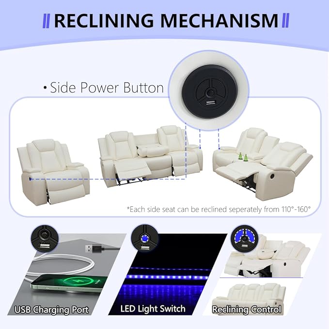 White Leather Power Recliner Loveseat with LED Lights Home Theater Reclining Sofa Loveseat Luxury 2 Seater Reclining Couch with Cup Holders/Storage for Living Room/Bedroom/Office Warm White