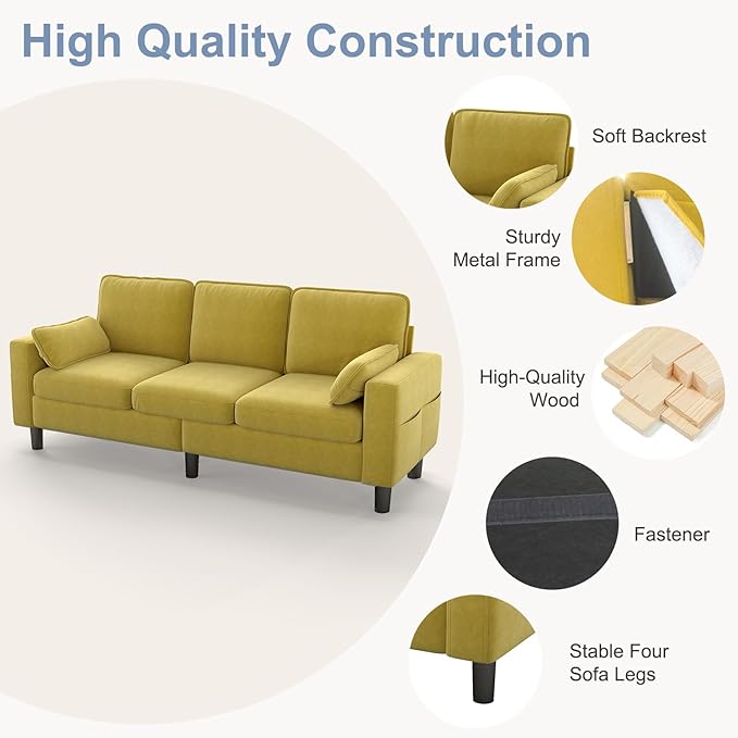 KINTNESS 78” 3 Seater Sofa Couch for Living Room Modern Sectional Sofa with Deep Seat &amp Armrest Pillow Comfy Sofa Set for Bedroom Apartment and Office Removable Covers Non-Slip Yellow | COTT