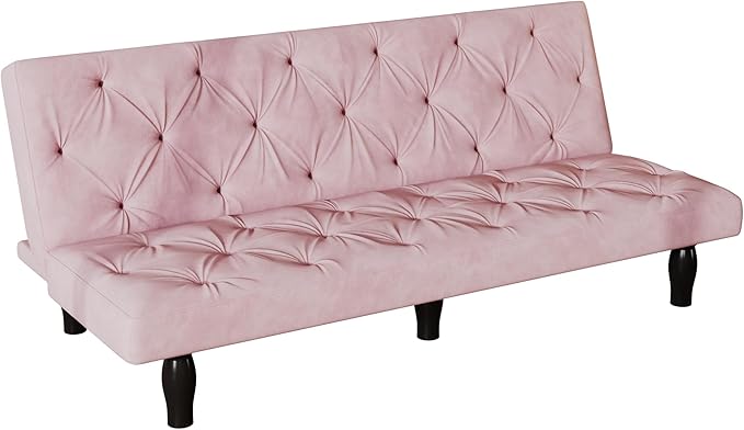 66 Pink Velvet Futon Sofa Bed Sturdy Wood Frame &amp High-Elastic Foam 3 Adjustable Gears Multi-Functional for Living Room/Apartment/Bedroom Easy Assembly