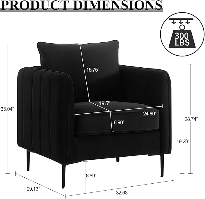 Modern Accent Chair Velvet Upholstered Living Room Chair with Pillow Mid-Century Armchair with Striped Armrest Living Room Chair for Bedroom Apartment (Black)
