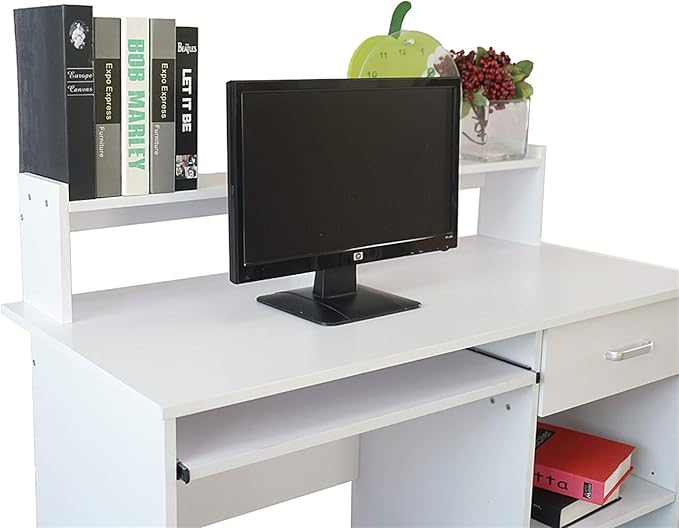Computer Home Office Desk43 Inch Desk Study Writing Table with Storage Shelves Drawer and Keyboard StandGeneral Style Modern E1 15MM Chipboard Computer Desk (White)