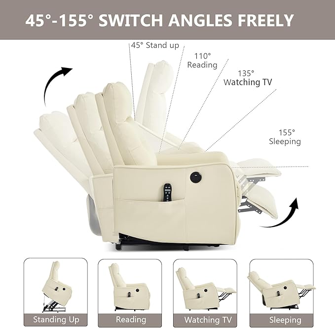 Small Power Lift Chair Recliner for Elderly Petite Power Recliner Chair with Massage and Heat | USB | High Back | Push Button | Side Pockets Liviing Room Easy Assembly (PU Leather Beige)