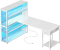 PRAISUN 57 Inch L Shaped Gaming Computer Desk with Larger Open Cabinet Reverisble Office Desk with Power Outlets LED Lights Work Desk Fabric Drawer Adjustable Wood and Mesh Shelf White