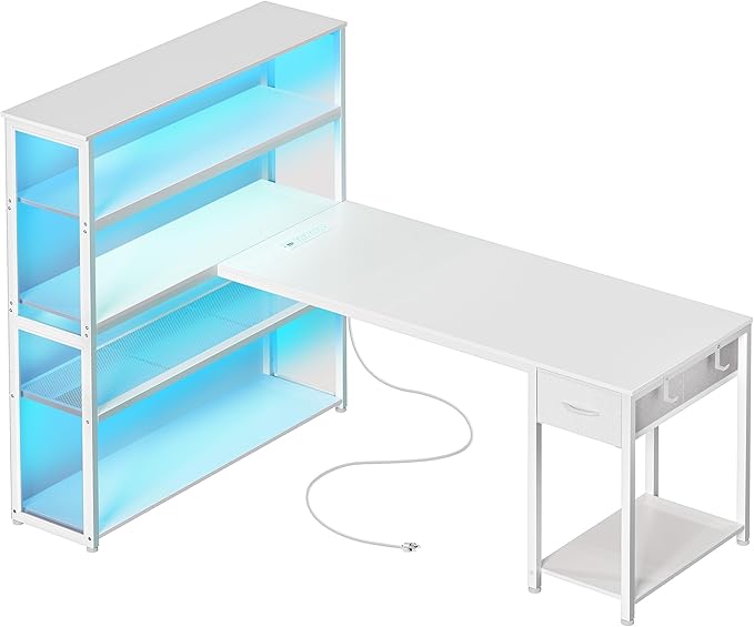 PRAISUN 57 Inch L Shaped Gaming Computer Desk with Larger Open Cabinet Reverisble Office Desk with Power Outlets LED Lights Work Desk Fabric Drawer Adjustable Wood and Mesh Shelf White