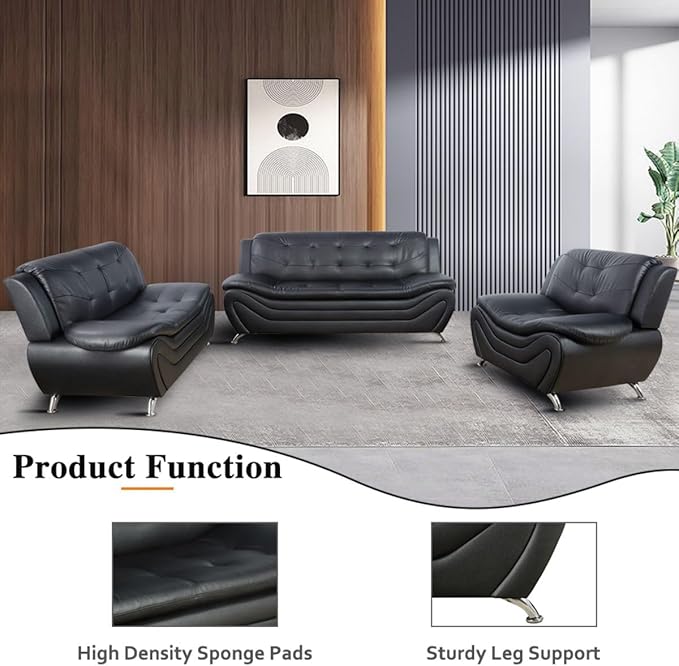 Lounge Comfy Faux Leather Sectional Sofa Modern Couch for Small Living Room/Dorm/Bedroom/Office/Apartment for Small Spaces (Black-1 Three-Piece)